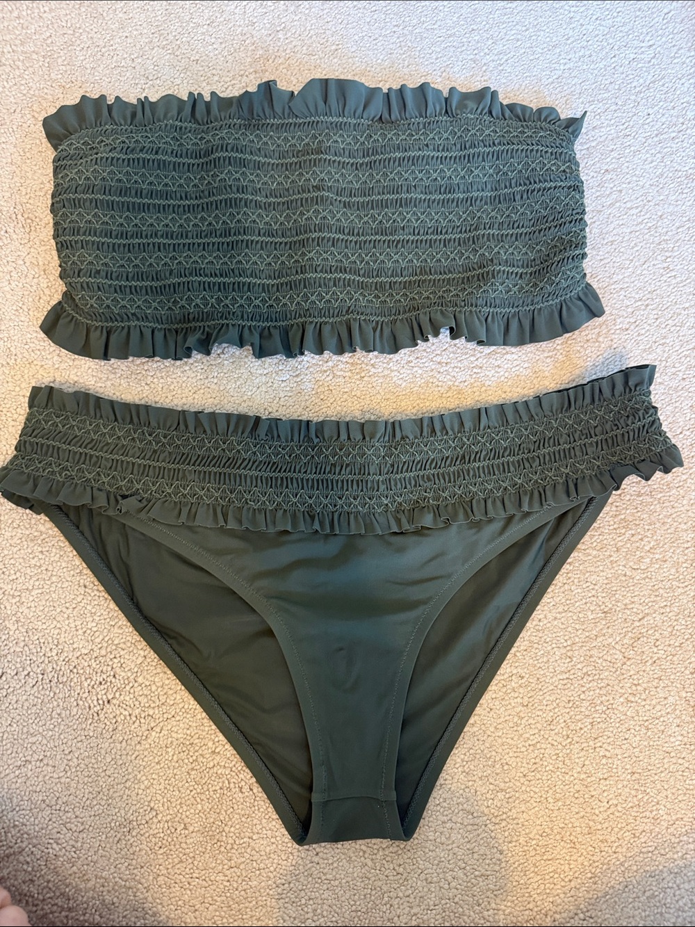 Tory Burch Olive Green Smocked Ruffle Bandeau Bikini Set Large Top/ XL bottom